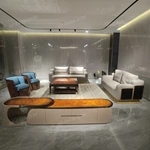 Luxury Light Gray Leather & Teal Velvet Sofa Set with Brand-Embossed Cushions & Gold Stainless Steel Base